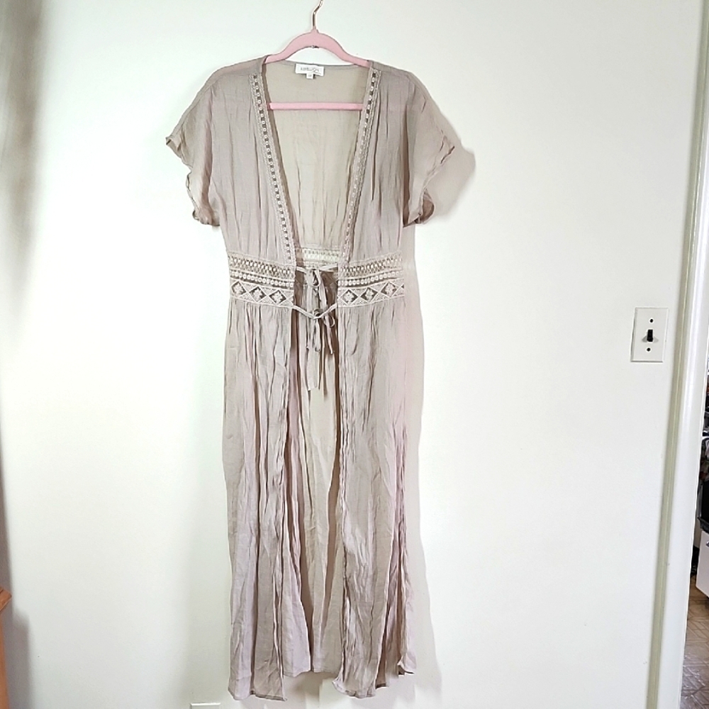 Rebellion Kimono Bohemian Beige Maxi Dress Swim Coverup Summer Duster Waist Tie